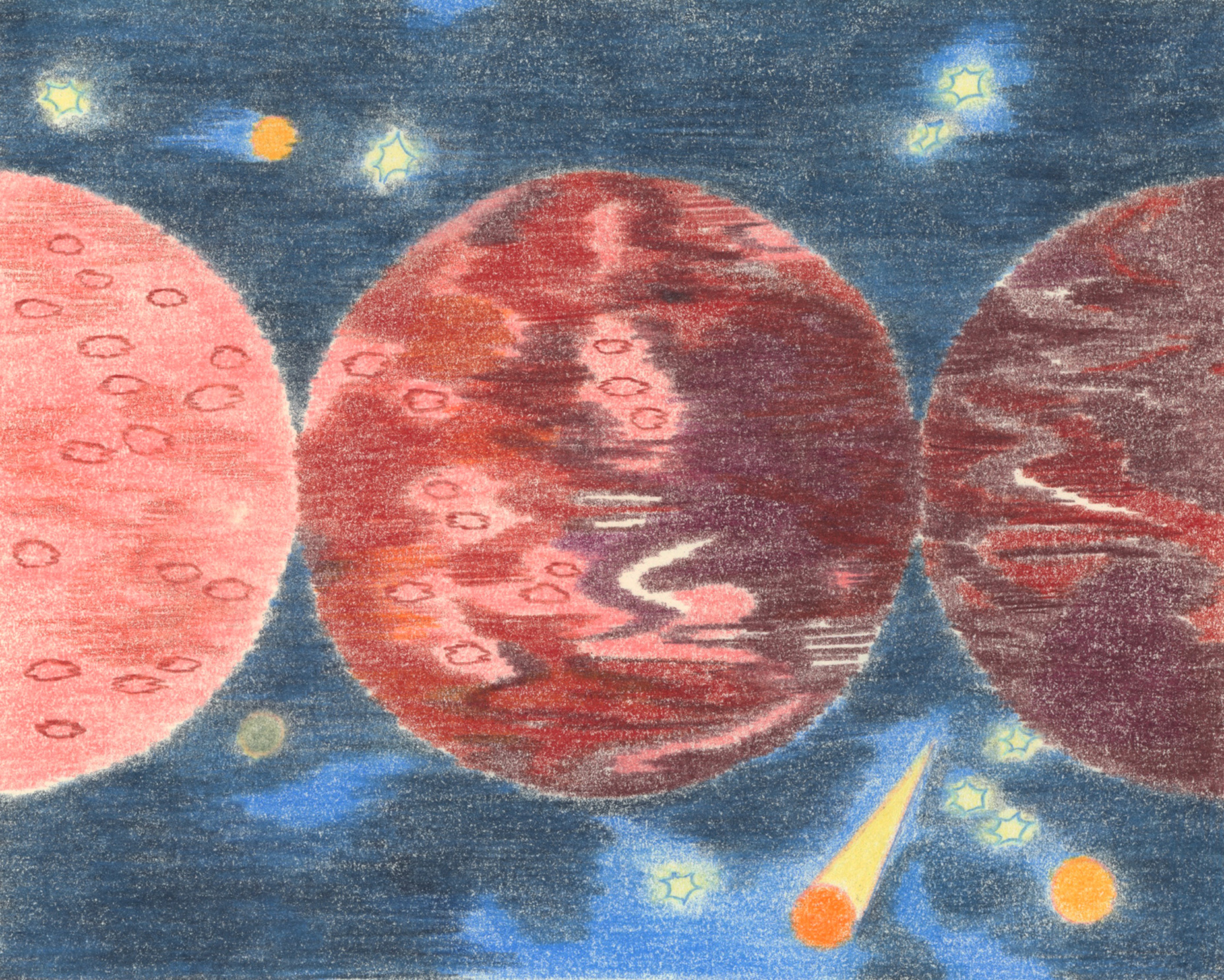 Drei Braune Zwerge illustriert nebeneinander. Sie schimmern eher rötlich am dunklen Nachthimmel.